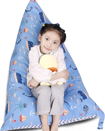 Stuffed Animal Storage Bean Bag Chair Cover, Cotton Blue Marine Life Plush Toy Storage Stuff and Sit Seat for Kids/Teens/Adults,52" x 31" Extra Large Triangle Floor Sofa, 200L/52Gal,Cover Only - LeafyLoom