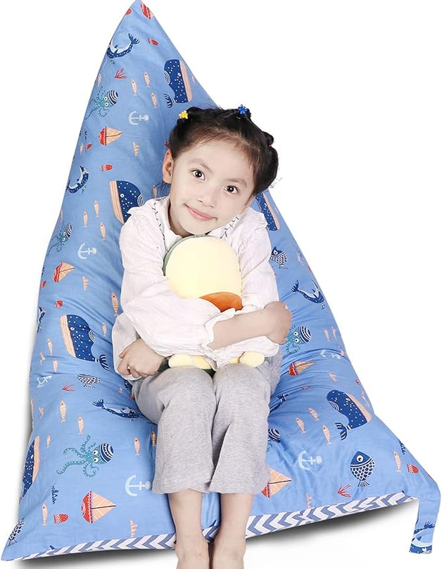 Stuffed Animal Storage Bean Bag Chair Cover, Cotton Blue Marine Life Plush Toy Storage Stuff and Sit Seat for Kids/Teens/Adults,52" x 31" Extra Large Triangle Floor Sofa, 200L/52Gal,Cover Only - LeafyLoom
