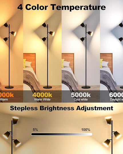 [2024 New]Dimmable LED Floor Lamp with Remote & Touch Control, 3 x 800LM Modern Tree Standing Lamp, 4 Color Temperatures, 3 Rotatable LED Light Floor Lamps for Living Room Bedroom Office-Matte Black - LeafyLoom