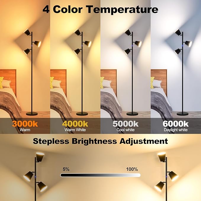 [2024 New]Dimmable LED Floor Lamp with Remote & Touch Control, 3 x 800LM Modern Tree Standing Lamp, 4 Color Temperatures, 3 Rotatable LED Light Floor Lamps for Living Room Bedroom Office-Matte Black - LeafyLoom