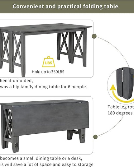Dining Table Set for 6, 6-Piece Foldable Dining Room Set, Solid Wood Foldable Table and 4 Chairs with Bench for Dining Room, Living Room, Grey - LeafyLoom