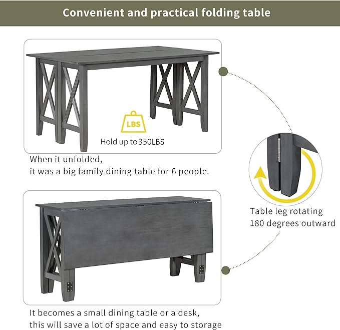 Dining Table Set for 6, 6-Piece Foldable Dining Room Set, Solid Wood Foldable Table and 4 Chairs with Bench for Dining Room, Living Room, Grey - LeafyLoom