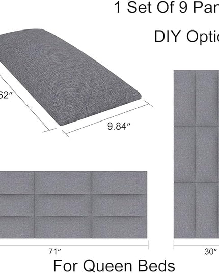 Tbfit Upholstered Wall Mounted Headboard for King Size Bed, Soundproof Peel and Stick Headboards, Tufted Floating Dorm Bed Headboard, Pack of 12 Panels Sized 10” x 24”, Grey - LeafyLoom