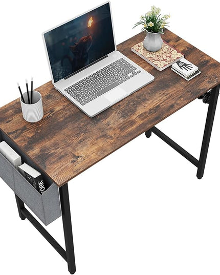 Small Computer Desk, 39 Inch Home Office Desks, Study Workstation PC Laptop Table with Storage Bag, Modern Simple Industrial Style Writing Desks - LeafyLoom