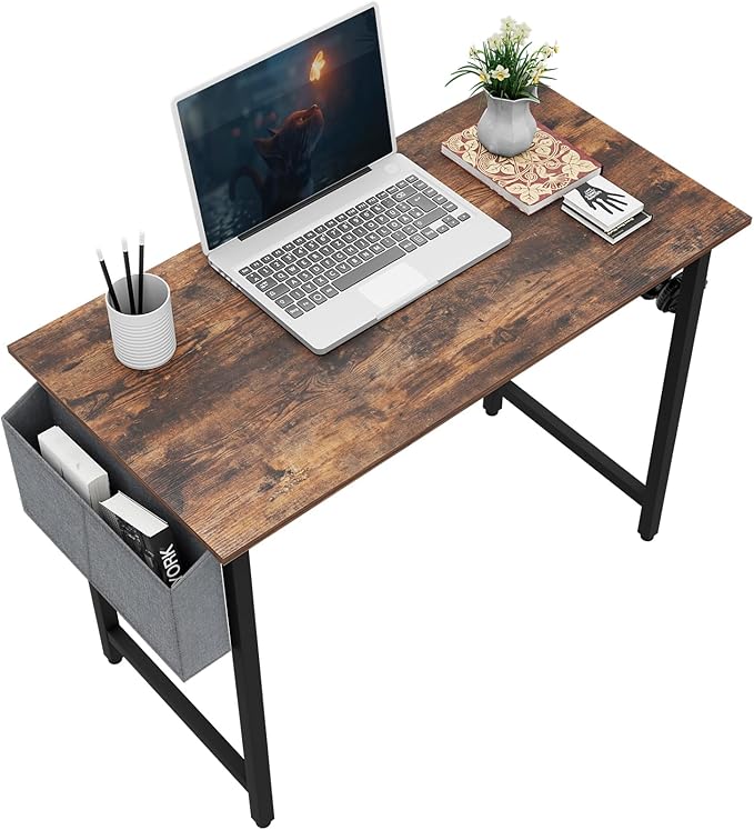 Small Computer Desk, 39 Inch Home Office Desks, Study Workstation PC Laptop Table with Storage Bag, Modern Simple Industrial Style Writing Desks - LeafyLoom