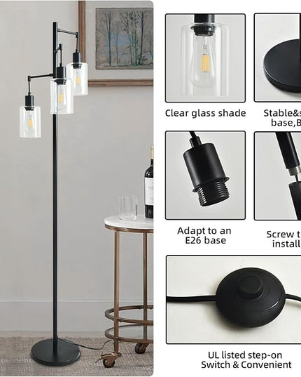 3-Lights Floor Lamp with On/Off Foot Switch, Farmhouse Glass Floor Lamp Tall Pole Lamp for Living Room Bedroom Office，Industrial Black Tree Standing Lamp, LED 3 Bulbs Included - LeafyLoom