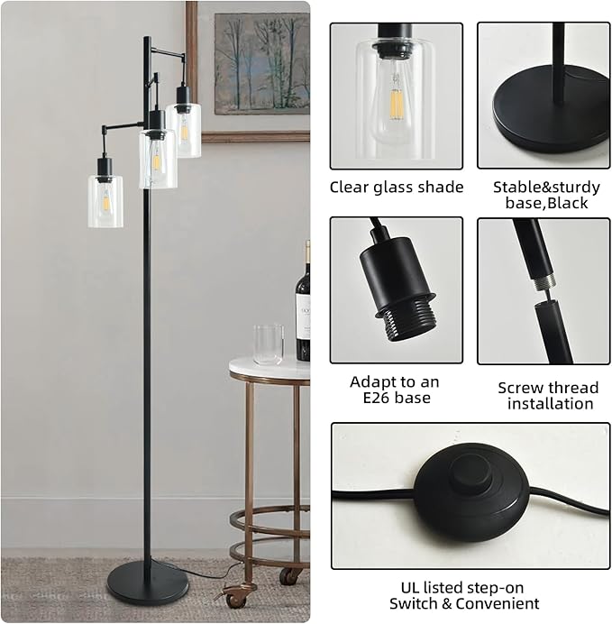 3-Lights Floor Lamp with On/Off Foot Switch, Farmhouse Glass Floor Lamp Tall Pole Lamp for Living Room Bedroom Office，Industrial Black Tree Standing Lamp, LED 3 Bulbs Included - LeafyLoom