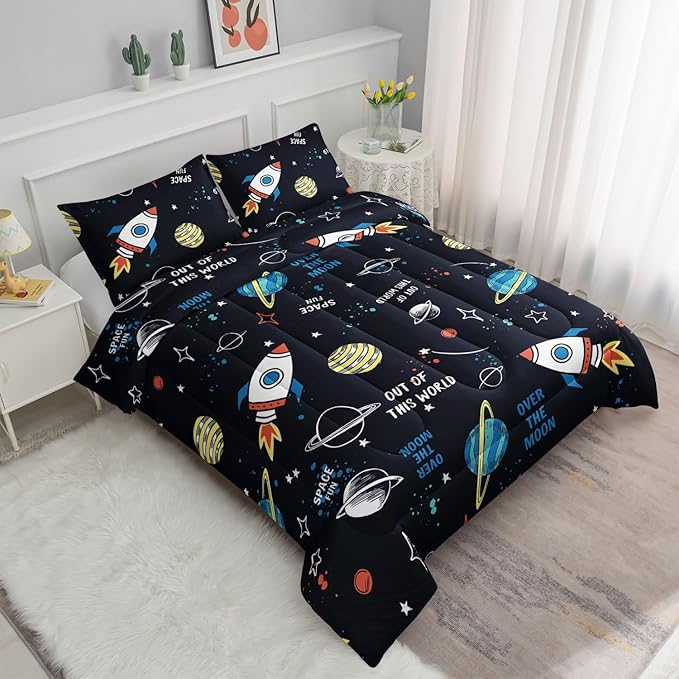 Datura home Space Ship Galaxy Comforter Set Astronaut Rocket Printed Quilt Bedding with 1 and 2 Pillowcases for Boys Girls Bedroom All Season(Space Full), A-space, Full 80x90inches - LeafyLoom