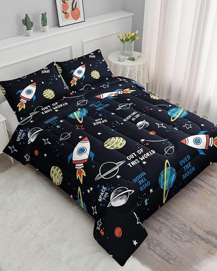 Datura home Space Ship Galaxy Comforter Set Astronaut Rocket Printed Quilt Bedding with 1 and 2 Pillowcases for Boys Girls Bedroom All Season(Space Queen), A-space, Queen 90x90inches - LeafyLoom