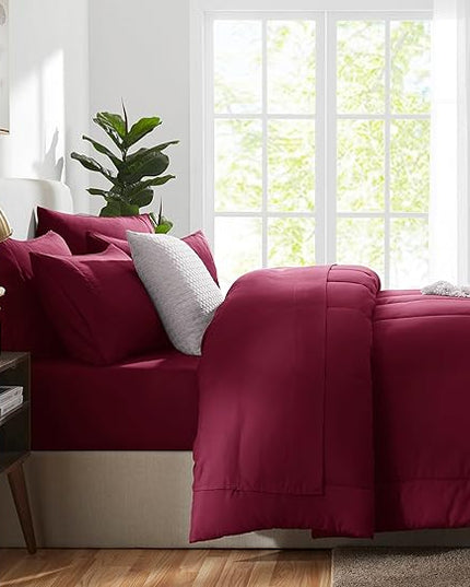 CozyLux Full Size Comforter Set - 7 Pieces Bed in a Bag Set Burgundy, Bedding Sets Full with All Season Quilted Comforter, Flat Sheet, Fitted Sheet, Pillowcases, Red, Full - LeafyLoom