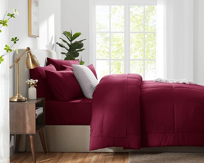 CozyLux King Size Comforter Set - 7 Pieces Bed in a Bag Set Burgundy, Bedding Sets King with All Season Quilted Comforter, Flat Sheet, Fitted Sheet, Pillowcases, Red, King - LeafyLoom