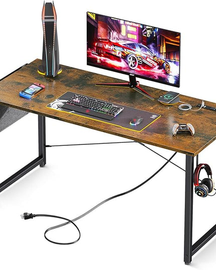 AODK 48 inch Small Computer Desk with Power Outlet for Small Spaces Home Office Student Laptop PC Writing Desks with Storage Bag Headphone Hook, Vintage - LeafyLoom