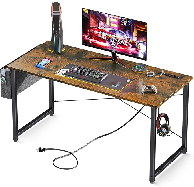 AODK 48 inch Small Computer Desk with Power Outlet for Small Spaces Home Office Student Laptop PC Writing Desks with Storage Bag Headphone Hook, Vintage - LeafyLoom