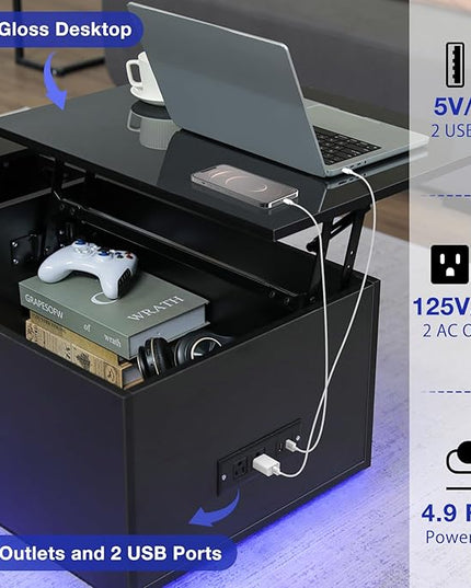 HOMMPA LED Coffee Table for Living Room Lift Top Coffee Tables with Power Outlet Black Morden Center Table with Storage Hidden Compartment High Gloss Lift Tabletop - LeafyLoom
