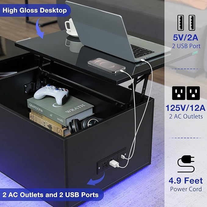 HOMMPA LED Coffee Table for Living Room Lift Top Coffee Tables with Power Outlet Black Morden Center Table with Storage Hidden Compartment High Gloss Lift Tabletop - LeafyLoom