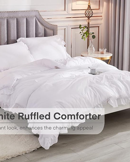 Andency White Comforter Full Size, 3 Pieces Solid Farmhouse Shabby Chic Ruffle Bedding Sets, All Season Soft Lightweight Comfy Down Alternative Bed Set for Girls Teens Men Women - LeafyLoom