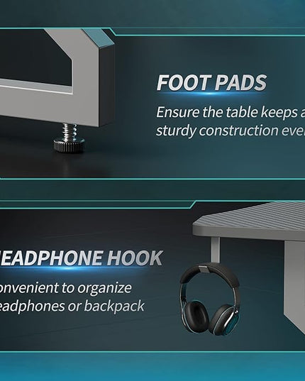 CubiCubi Simple Gaming Desk Z Shaped 47 inch Gamer Workstation, Home Computer Carbon Fiber Surface Gaming Desk PC Table with Headphone Hook, Grey - LeafyLoom