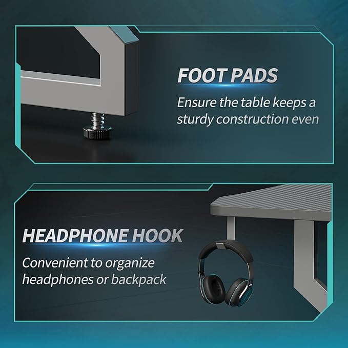 CubiCubi Simple Gaming Desk Z Shaped 47 inch Gamer Workstation, Home Computer Carbon Fiber Surface Gaming Desk PC Table with Headphone Hook, Grey - LeafyLoom