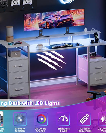White Computer Desk with Power Outlets & LED Lights, Gaming Desk with 5 Fabric Storage Drawers for Working, 55 Inch Home Office Desk with Monitor Stand Shelves, Modern Vanity Desk for Bedroom - LeafyLoom