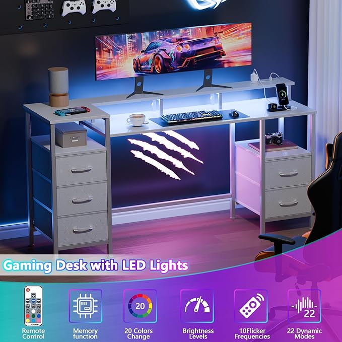 White Computer Desk with Power Outlets & LED Lights, Gaming Desk with 5 Fabric Storage Drawers for Working, 55 Inch Home Office Desk with Monitor Stand Shelves, Modern Vanity Desk for Bedroom - LeafyLoom