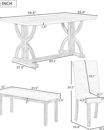 Retro Rectangular Unique Legs and 4 Upholstered Chairs & 1 Bench, Easy Assembly, Room, Kitchen, 6 Piece Dining Table Set, Natural Wood Wash 14 - LeafyLoom