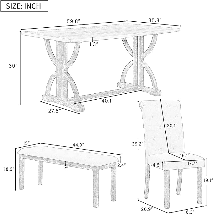 6-Piece Retro Dining Table Set with Unique Legs and 4 Upholstered Button-Tufting Back Chairs & 1 Bench for Kitchen Furniture, Natural Wood Wash, 59.8" L x 35.8" W x 30" H - LeafyLoom
