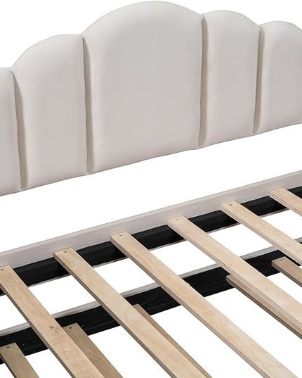 Twin Size Upholstered Daybed with Trundle and Striped Headboard, Velvet Bed w/USB Charging Ports & Side Pockets, for Bedroom Living Room, No Box-spring Needed - LeafyLoom