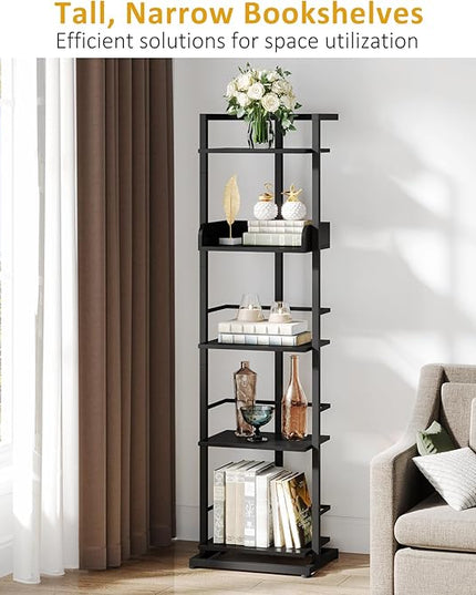 Bookshelf 5-Tier Bookshelf: Tall Corner Bookcase Industrial Narrow Book Shelves Vintage Wood Bookshelf Storage Organizer Display Book Rack for Living Room Bedroom Office Home (Black) - LeafyLoom