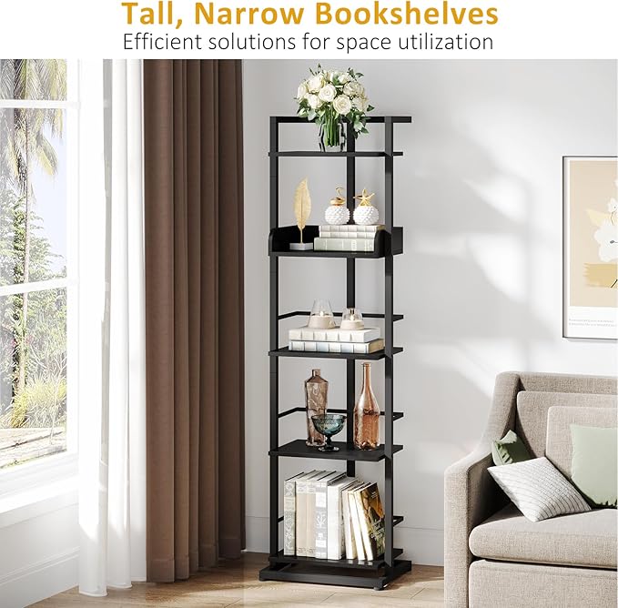 Bookshelf 5-Tier Bookshelf: Tall Corner Bookcase Industrial Narrow Book Shelves Vintage Wood Bookshelf Storage Organizer Display Book Rack for Living Room Bedroom Office Home (Black) - LeafyLoom