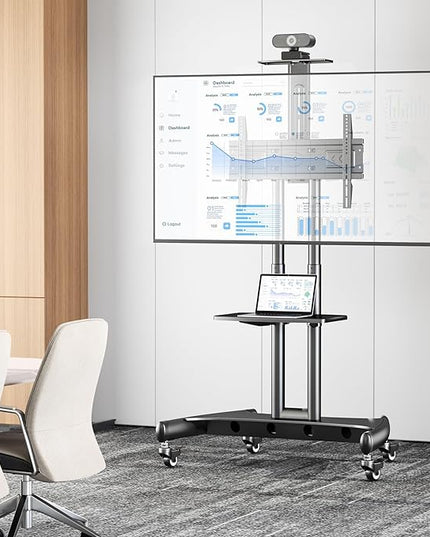 PERLESMITH Rolling/Mobile TV Cart with Wheels for 32-82 Inch LCD LED 4K Flat Screen TVs - TV Floor Stand with Shelf Holds Up to 100 lbs, Height Adjustable Trolley Max VESA 600x400mm- PSTVMC05 - LeafyLoom