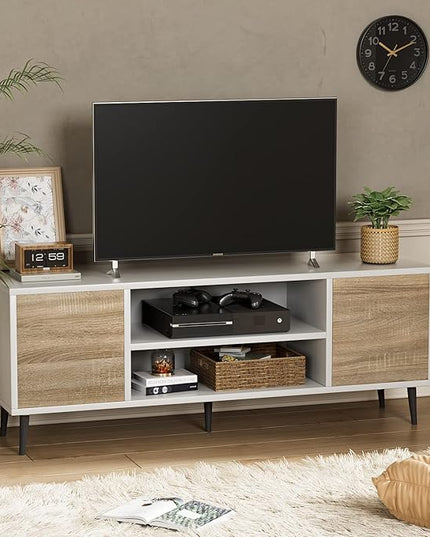 YESHOMY Modern TV Stand for 65" Television, Entertainment Center with Two Storage Cabinets, Retro Style Media Console for Living Room, Bedroom, Office, 58 Inch, White and Coffee - LeafyLoom