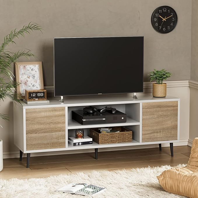 YESHOMY Modern TV Stand for 65" Television, Entertainment Center with Two Storage Cabinets, Retro Style Media Console for Living Room, Bedroom, Office, 58 Inch, White and Coffee - LeafyLoom