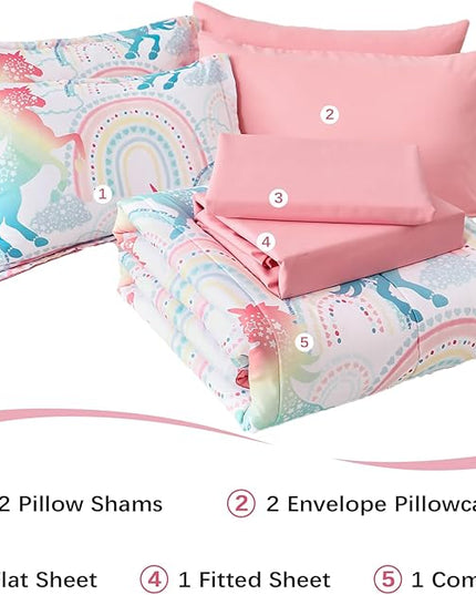 Queen Comforter Set for Girls, 7 Pieces Bed in a Bag, Colorful Unicorn Bedding Comforter Sheet Set, Ultra Soft and Fluffly, Pink & Rainbow Color, Colorful Bed in a Bag for Girls - LeafyLoom