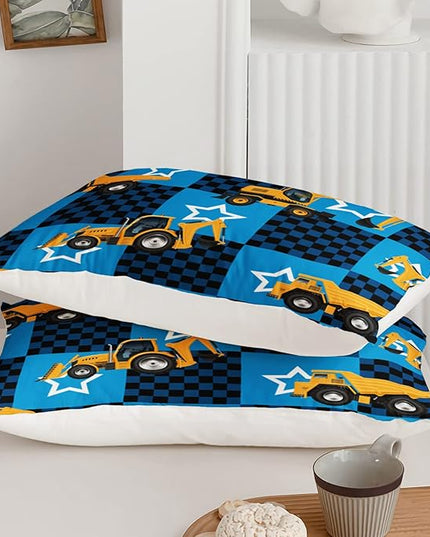 Axolotl Excavator Comforter Set Queen Size,Blue Plaid Comforter Set with Star,Excavator Bedding Set for Kids Boys Teens,Construction Vehicle Comforter Set for Boys,1 Quilt 2 Pillowcases - LeafyLoom