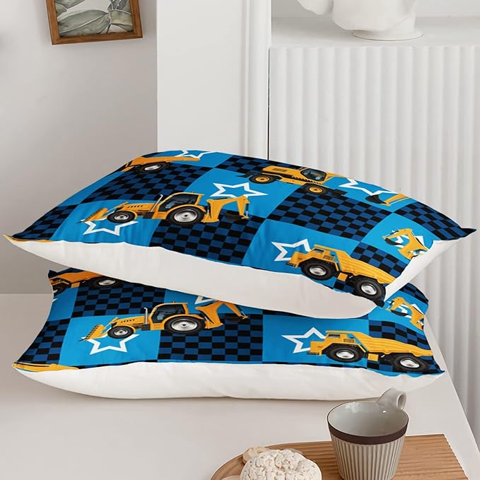 Axolotl Excavator Comforter Set Queen Size,Blue Plaid Comforter Set with Star,Excavator Bedding Set for Kids Boys Teens,Construction Vehicle Comforter Set for Boys,1 Quilt 2 Pillowcases - LeafyLoom
