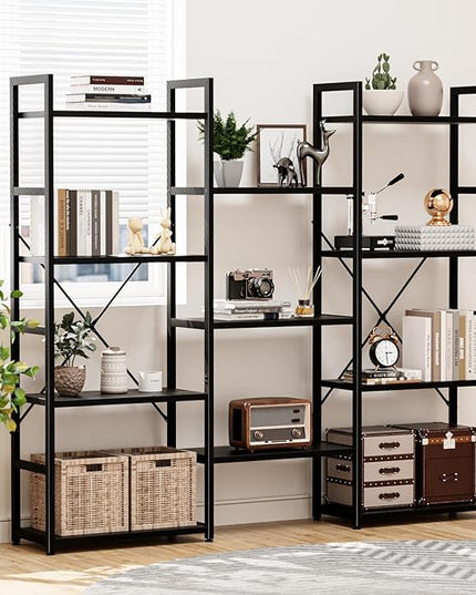 NUMENN Triple Wide 4 Tier Bookshelf, Adjustable Rustic Industrial Style Bookcases with 11 Open Display Shelves, Modern Tall Bookcase Furniture for Bedroom, Living Room and Home Office, Black - LeafyLoom