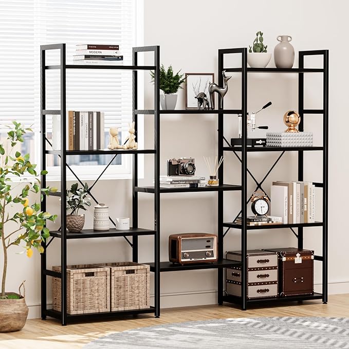 NUMENN Triple Wide 4 Tier Bookshelf, Adjustable Rustic Industrial Style Bookcases with 11 Open Display Shelves, Modern Tall Bookcase Furniture for Bedroom, Living Room and Home Office, Black - LeafyLoom