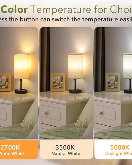 GGOYING Set of 2 Bedside Table Lamp, Bedroom Lamps with 3-Color Modes, AC Outlet, Linen Round Lampshade Nightstand Lamp for Livingroom Reading Working - LeafyLoom
