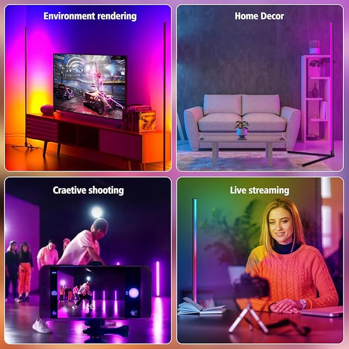 Floor Lamp, LED Corner Lamp Works with Remote Control, Modern Floor Lamp with Music Sync and 16 Million DIY Colors, Color Changing Standing Floor Lamp for Bedroom Living Room - LeafyLoom