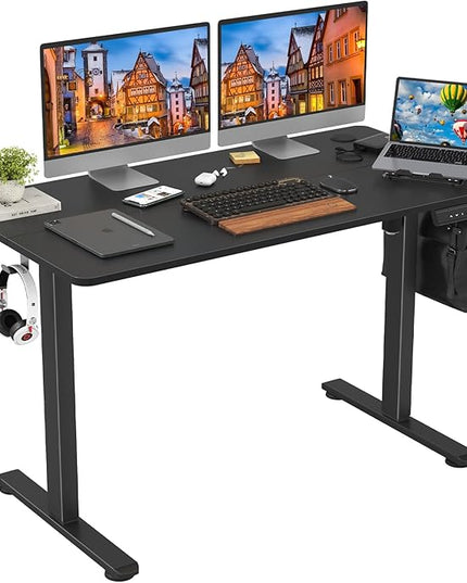 STARY Electric Adjustable Height Sit Stand Home Office Desk with Splice Board, 48x24, Black Desktop/Black Frame - LeafyLoom