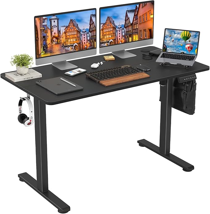 STARY Electric Adjustable Height Sit Stand Home Office Desk with Splice Board, 48x24, Black Desktop/Black Frame - LeafyLoom