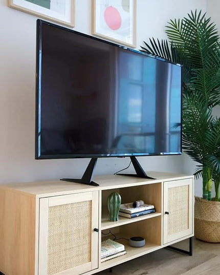 Nathan James Mina Modern Entertainment Cabinet, Console with a Natural Wood Finish and Matte Accents with Rattan Storage Doors for Living Media Room, Oak/Black - Set of 2 - LeafyLoom