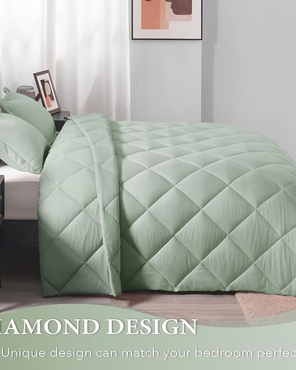 downluxe Queen Comforter Set - Sage Green Comforter Set Queen, 3 Pieces Solid Comforter Set Queen Size for All Seasons, 1 Lightweight Fluffy Comforter (88"x92") and 2 Pillow Shams - LeafyLoom