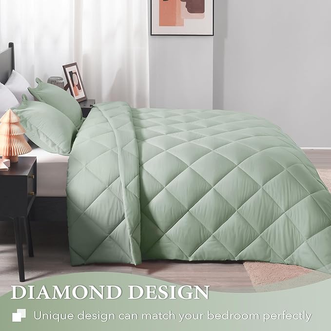 downluxe Queen Comforter Set - Sage Green Comforter Set Queen, 3 Pieces Solid Comforter Set Queen Size for All Seasons, 1 Lightweight Fluffy Comforter (88"x92") and 2 Pillow Shams - LeafyLoom