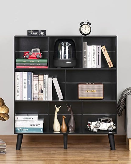 YAHARBO 8 Cube Bookshelf,3 Tier Bookcase with Legs,Black Mid-Century Modern Bookshelves,Large Free Standing Open Storage Organizer Shelf,Tall Wooden Book Case Furniture for Bedroom,Living Room,Office - LeafyLoom