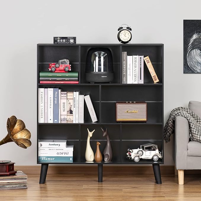 YAHARBO 8 Cube Bookshelf,3 Tier Bookcase with Legs,Black Mid-Century Modern Bookshelves,Large Free Standing Open Storage Organizer Shelf,Tall Wooden Book Case Furniture for Bedroom,Living Room,Office - LeafyLoom