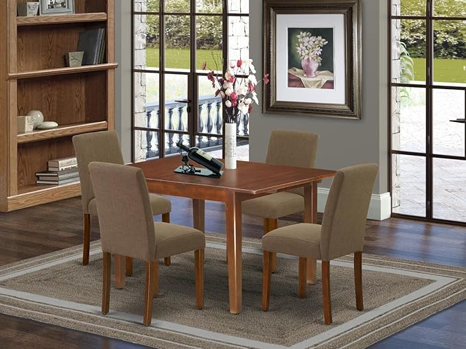 East West Furniture MLAB5-MAH-18 Milan 5 Piece Modern Dining Set Includes a Rectangle Wooden Table with Butterfly Leaf and 4 Coffee Linen Fabric Upholstered Chairs, 36x54 Inch - LeafyLoom