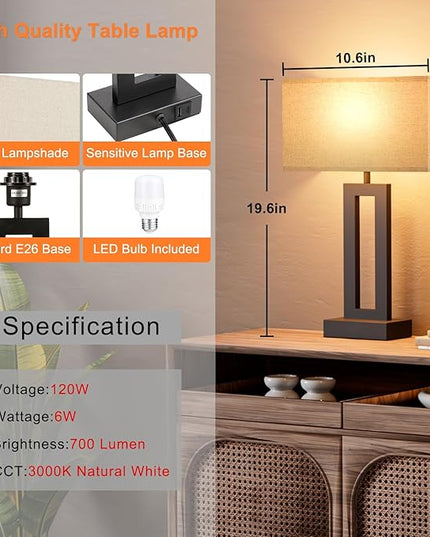 Seealle Bedroom Lamps for Night Stands - Touch Control, 3 Way Dimmable, USB C+A Charging, LED Bulbs, Easy Assembly - LeafyLoom