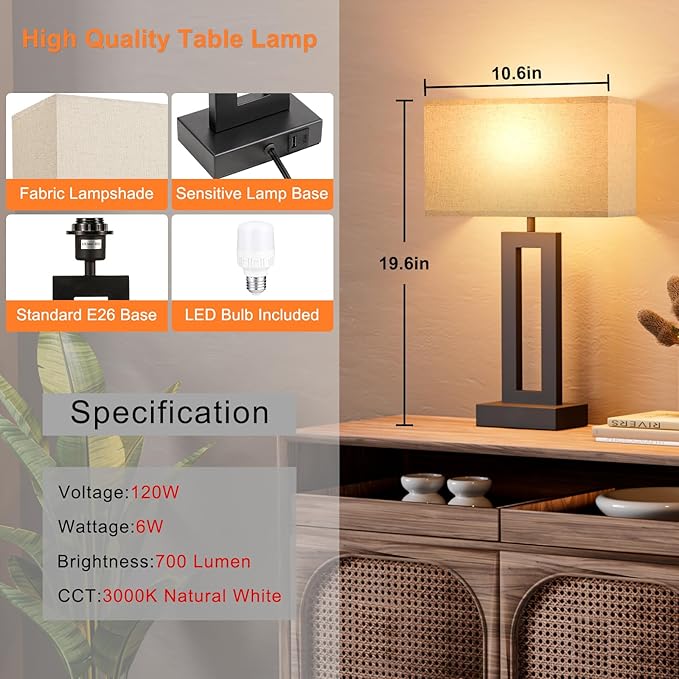 Seealle Bedroom Lamps for Night Stands - Touch Control, 3 Way Dimmable, USB C+A Charging, LED Bulbs, Easy Assembly - LeafyLoom