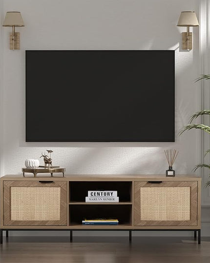 Anmytek Rattan TV Stand for 65 Inch TV Mid Century Modern Entertainment Center with Natural Rattan Door & Herringbone Texture Large TV Console Table for Living Room, Natural Oak - LeafyLoom